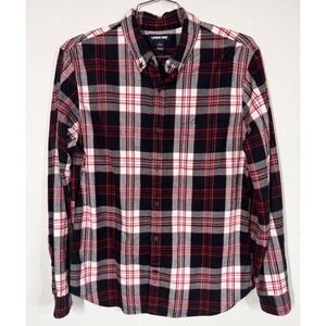 Lands End Mens Long Sleeve Flannel Button Down 100% Cotton Size L Red Plaid Work